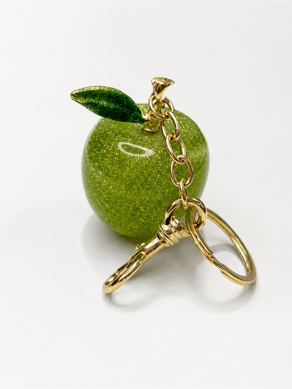🍏 Green Glitter Apple Bag Charm Keychain | Gold Tone Purse Charm